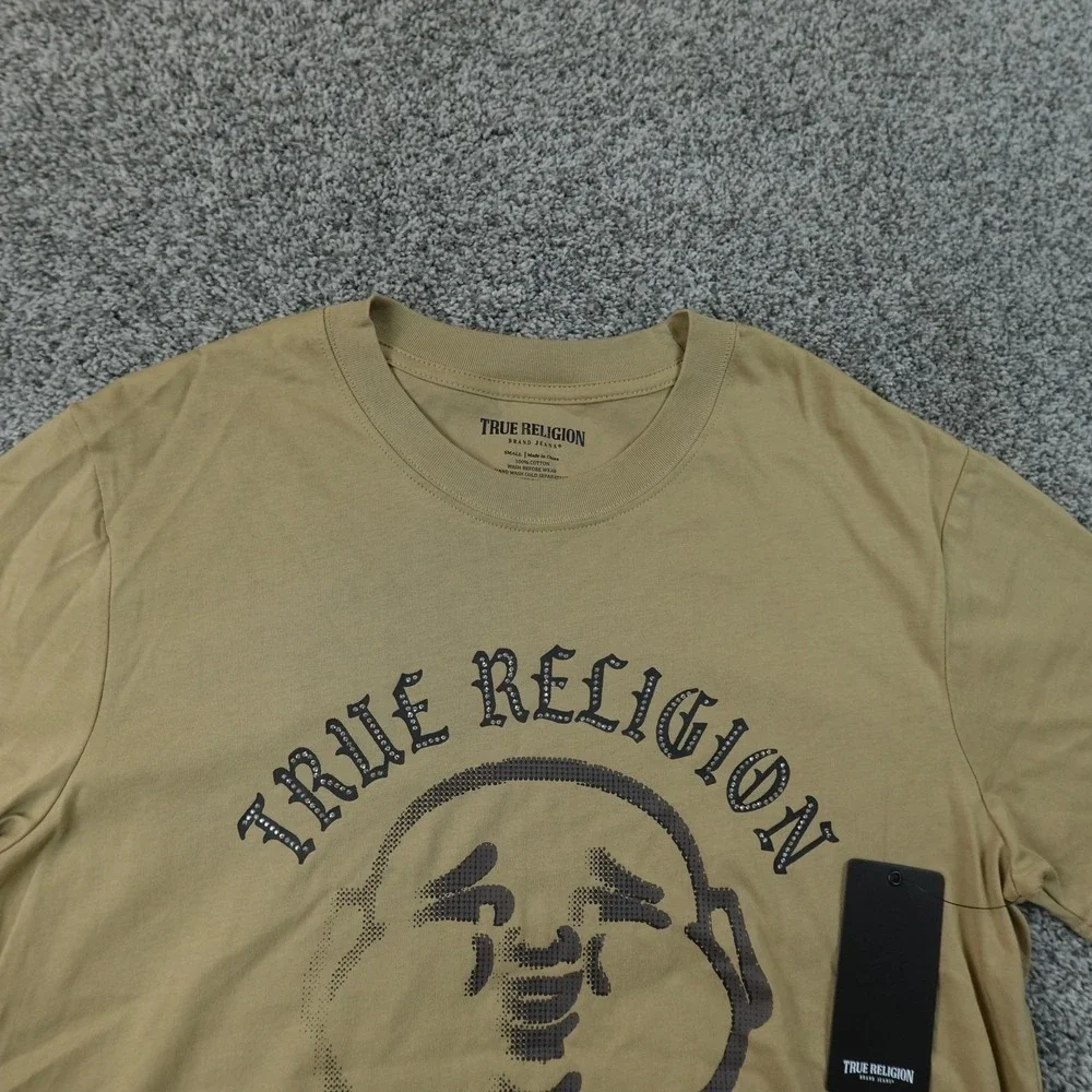 NEW True Religion Shirt Mens S Beige Stud Buddha Logo Tee T-Shirt Short Sleeve